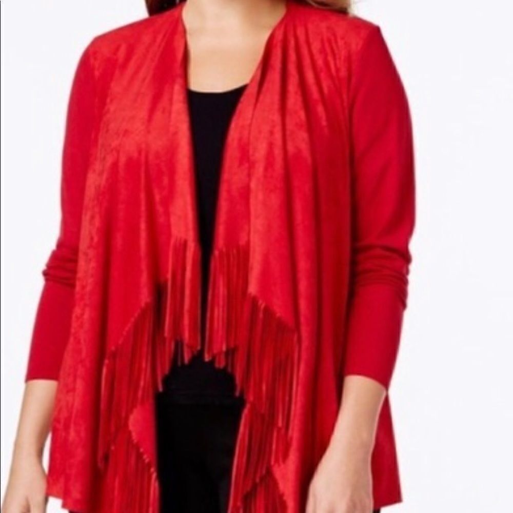 INC Faux Suede Fringe Trim Cardigan Jacket.Size S